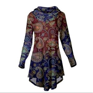 NWT Azalea By Firmiana Red Blue/Purple Paisley Cowlneck Long Tunic or Dress sz S